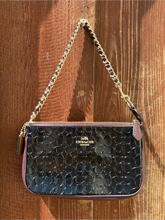 Coach Handbags - Coach Black/Burgundy Embossed Patent Signature Mini Shoulder Bag Chain Y2K Style